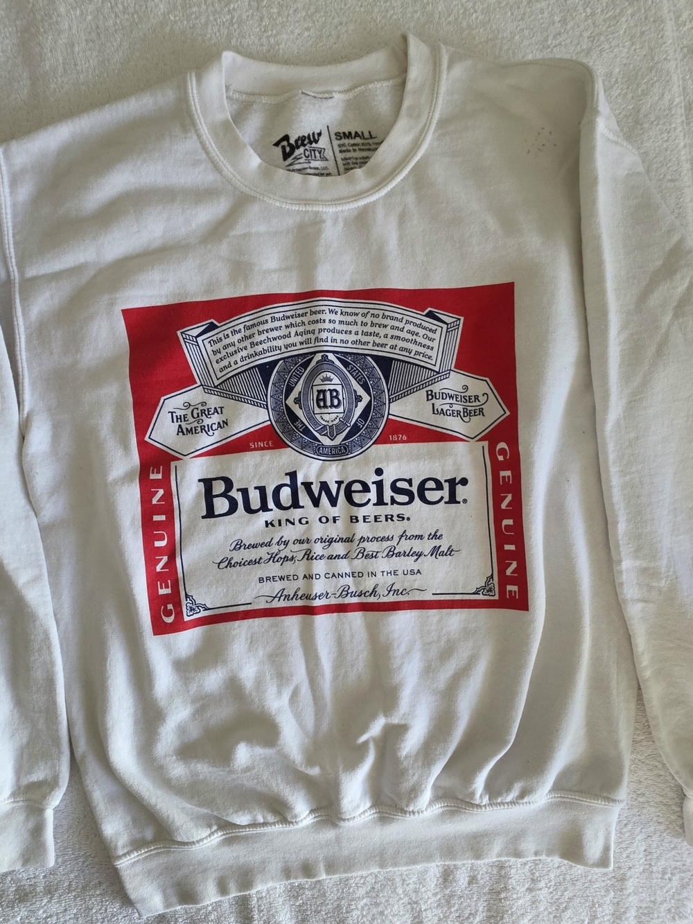 Brew City Budweiser Red Label Graphic Crewneck Sweatshirt White Small